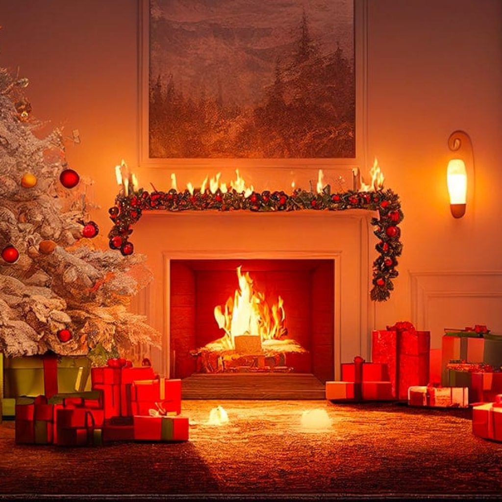 Salotto con caminetto allestito per Natale, con alberi, pacchi regalo e candele. Sopra il camino e sul tappeto si è innescato un incendio