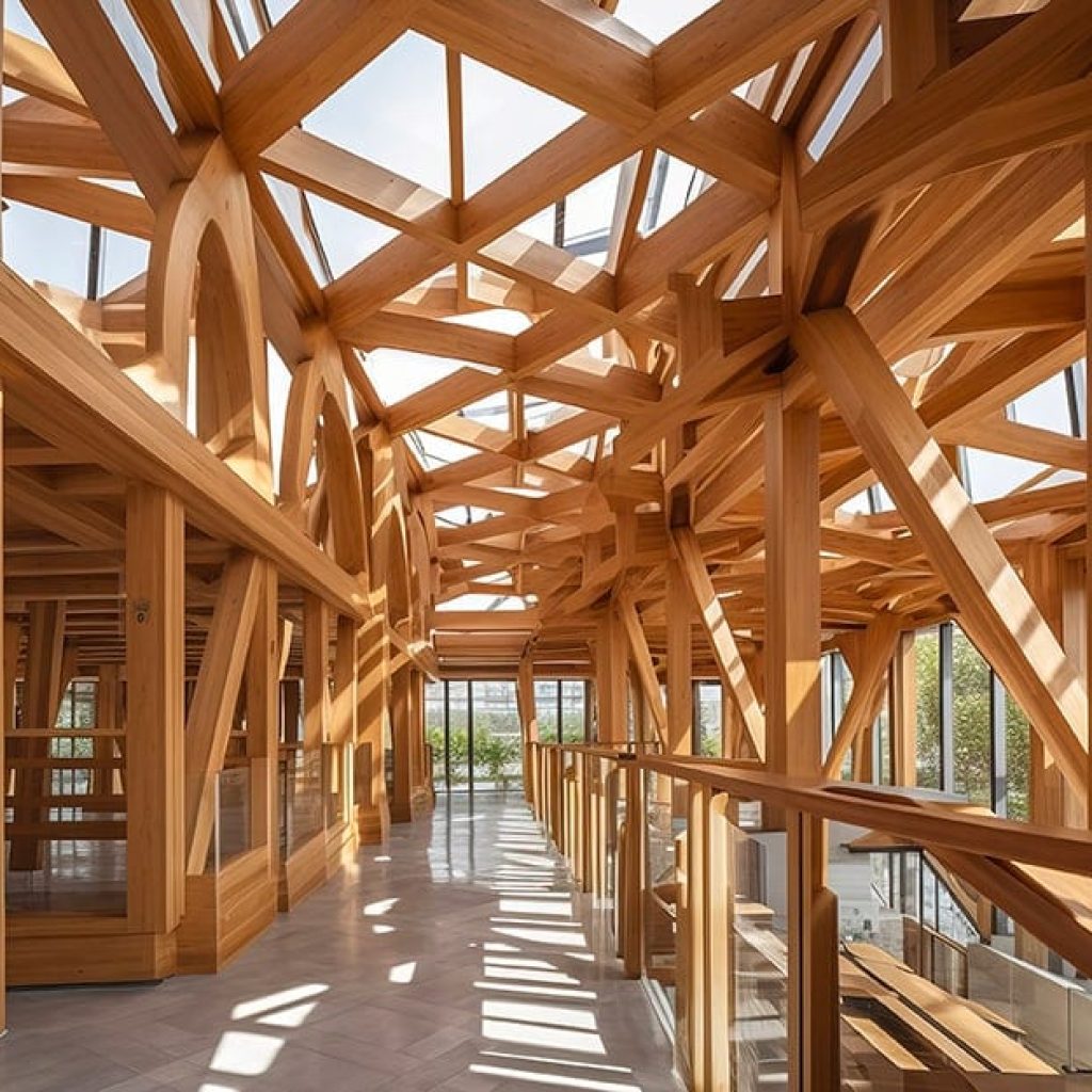 Interno di una luminosa struttura in legno, acciaio e vetro