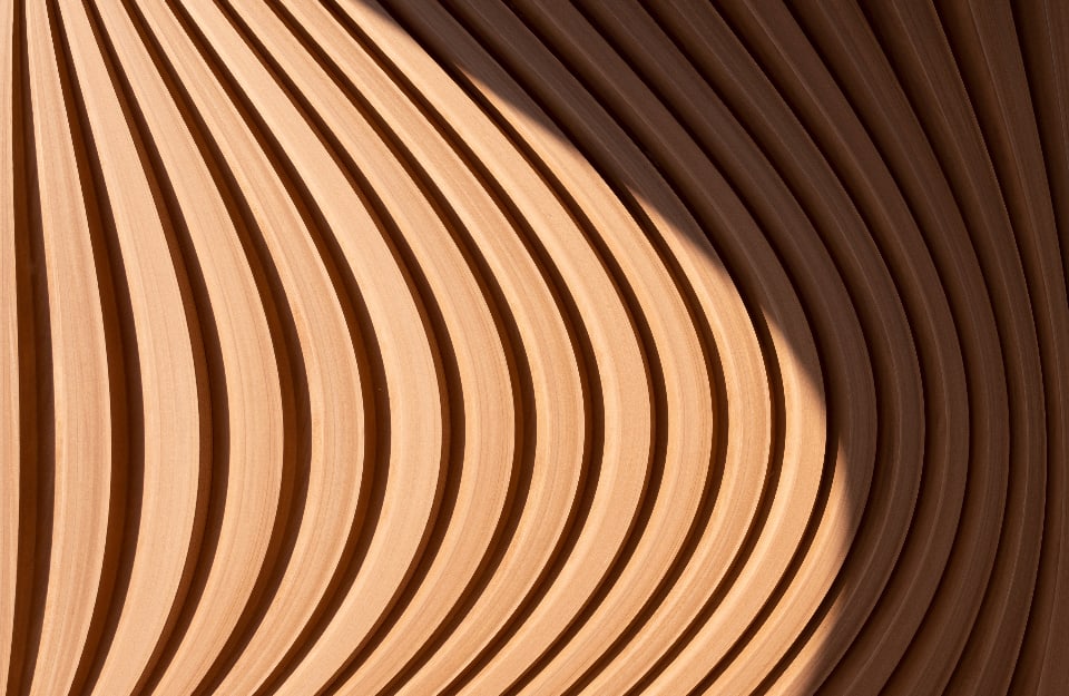 Dettaglio ravvicinato di una struttura in legno incurvato di un edificio, con giochi d'ombre che sembrano formare un motivo astratto