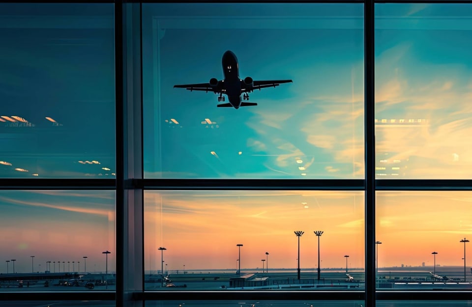 La vetrata di un aeroporto con luce drammatica all'alba o al tramonto, con un aereo che sta decollando
