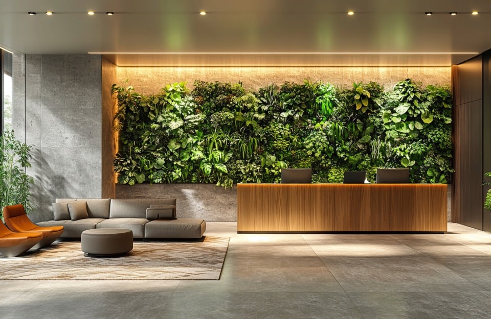 Una reception di hotel moderna e ben illuminata. La parete dietro il bancone della reception è coperta da un rigoglioso giardino verticale con una varietà di piante verdi. Il bancone della reception è in legno con una superficie liscia e pulita, e sopra di esso ci sono tre postazioni con sedie nere. A sinistra del bancone, c'è un'area salotto con un divano grigio a forma di L, un tavolino rotondo e una poltrona arancione. Il pavimento è in piastrelle grigie e c'è un tappeto con un design geometrico sotto l'area salotto. L'illuminazione è fornita da faretti incassati nel soffitto